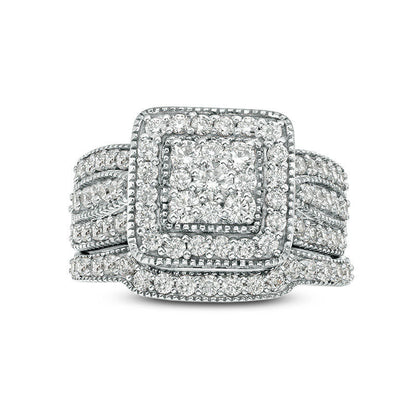 1.25 CT. T.W. Composite Natural Diamond Square Frame Antique Vintage-Style Multi-Row Bridal Engagement Ring Set in Solid 10K White Gold