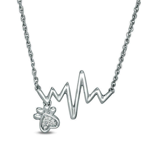 Natural Diamond Accent Heartbeat and Paw Print Dangle Necklace in Sterling Silver