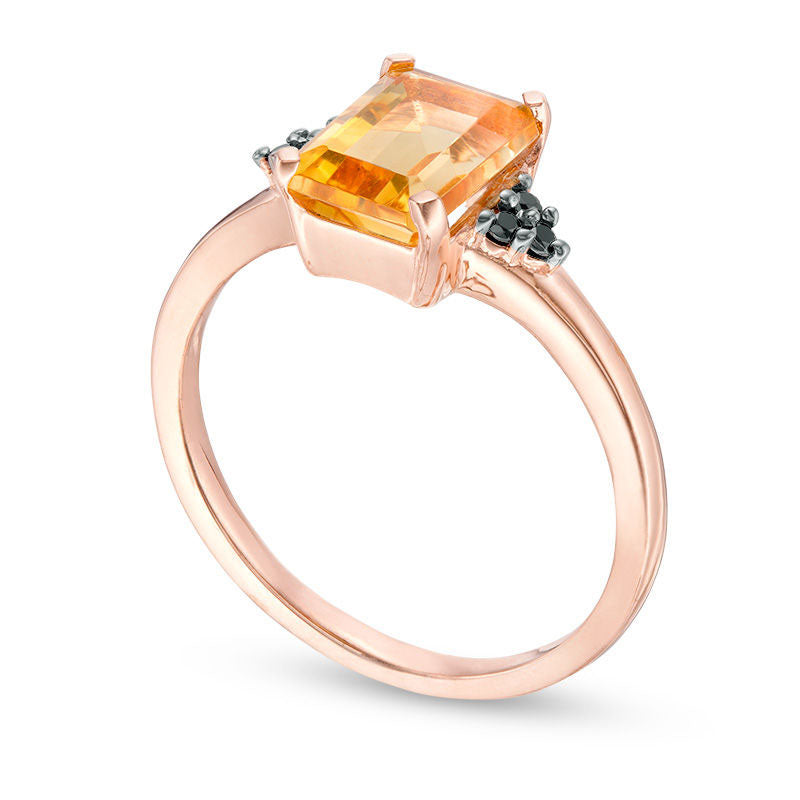 Emerald-Cut Citrine and 0.05 CT. T.W. Enhanced Black Natural Diamond Tri-Sides Promise Ring in Solid 10K Rose Gold