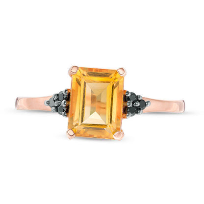 Emerald-Cut Citrine and 0.05 CT. T.W. Enhanced Black Natural Diamond Tri-Sides Promise Ring in Solid 10K Rose Gold