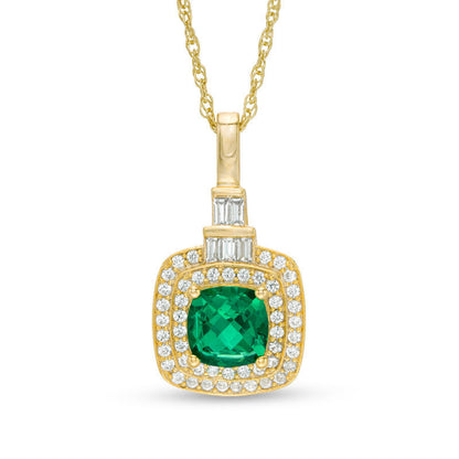 6.0mm Cushion-Cut Lab-Created Emerald and White Sapphire Double Frame Pendant in Sterling Silver with 14K Gold Plate