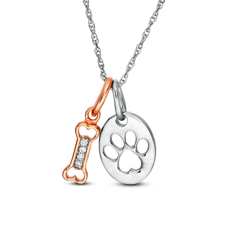 Natural Diamond Accent Dog Bone and Paw Print Disc Pendant in Sterling Silver and 10K Rose Gold