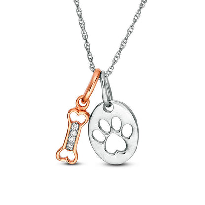 Natural Diamond Accent Dog Bone and Paw Print Disc Pendant in Sterling Silver and 10K Rose Gold