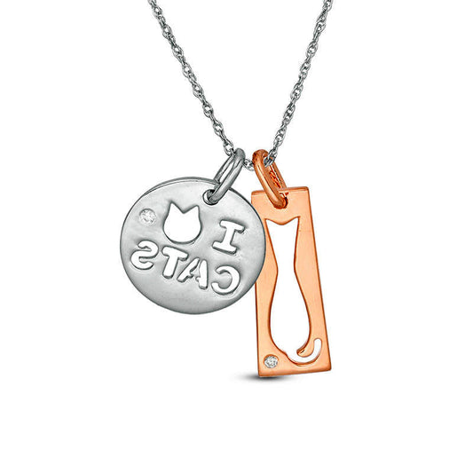 Natural Diamond Accent Cut-Out Cat Rectangle and I Heart CATS" Disc Pendant in Sterling Silver and 14K Rose Gold Plate"