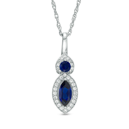 Lab-Created Blue and White Sapphire Frame Duo Pendant in Sterling Silver