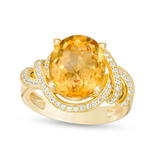 Oval Citrine and Lab-Created White Sapphire Cascading Frame Ring in Sterling Silver with Solid 14K Gold Plate