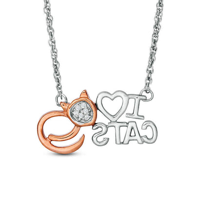 Natural Diamond Accent I Heart CATS" Necklace in Sterling Silver and 10K Rose Gold - 17.5""