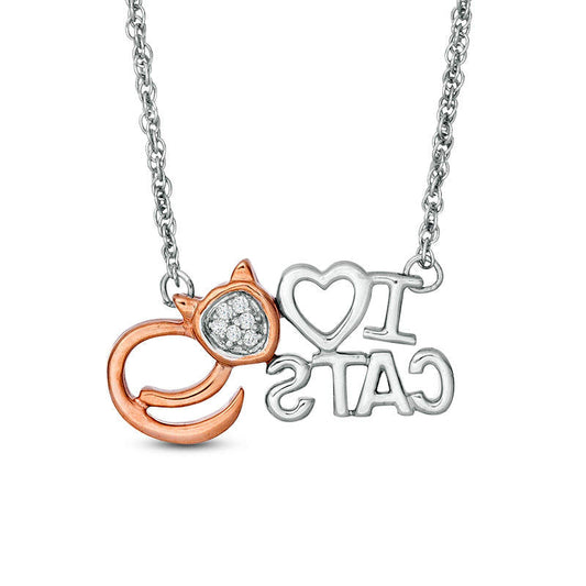 Natural Diamond Accent I Heart CATS" Necklace in Sterling Silver and 10K Rose Gold - 17.5""