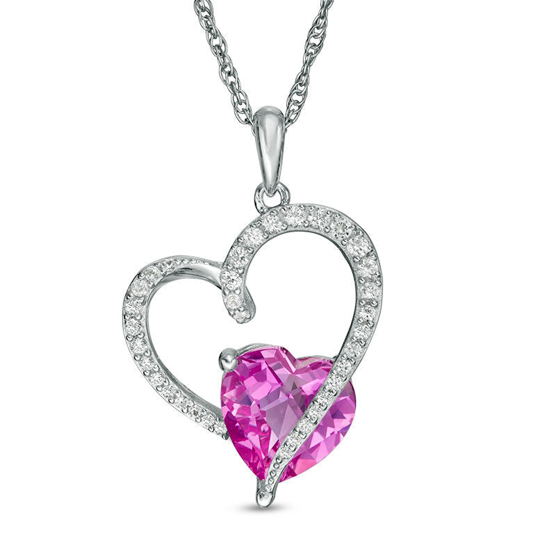 8.0mm Lab-Created Pink and White Sapphire Tilted Heart Pendant in Sterling Silver