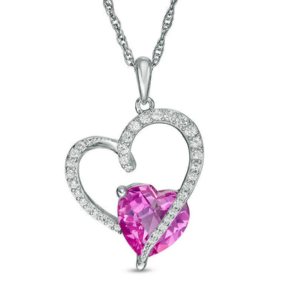 8.0mm Lab-Created Pink and White Sapphire Tilted Heart Pendant in Sterling Silver
