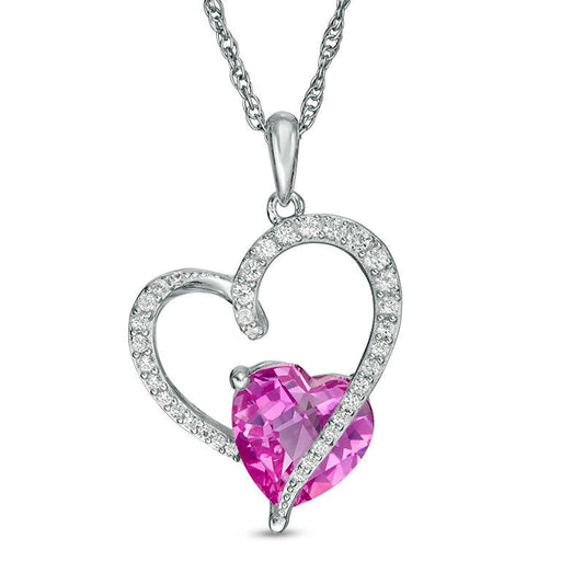 8.0mm Lab-Created Pink and White Sapphire Tilted Heart Pendant in Sterling Silver