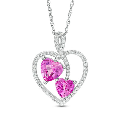 Lab-Created Pink and White Sapphire Heart Pendant in Sterling Silver