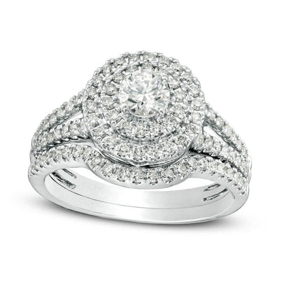 1.0 CT. T.W. Certified Natural Diamond Double Frame Split Shank Bridal Engagement Ring Set in Solid 14K White Gold (I/I1)