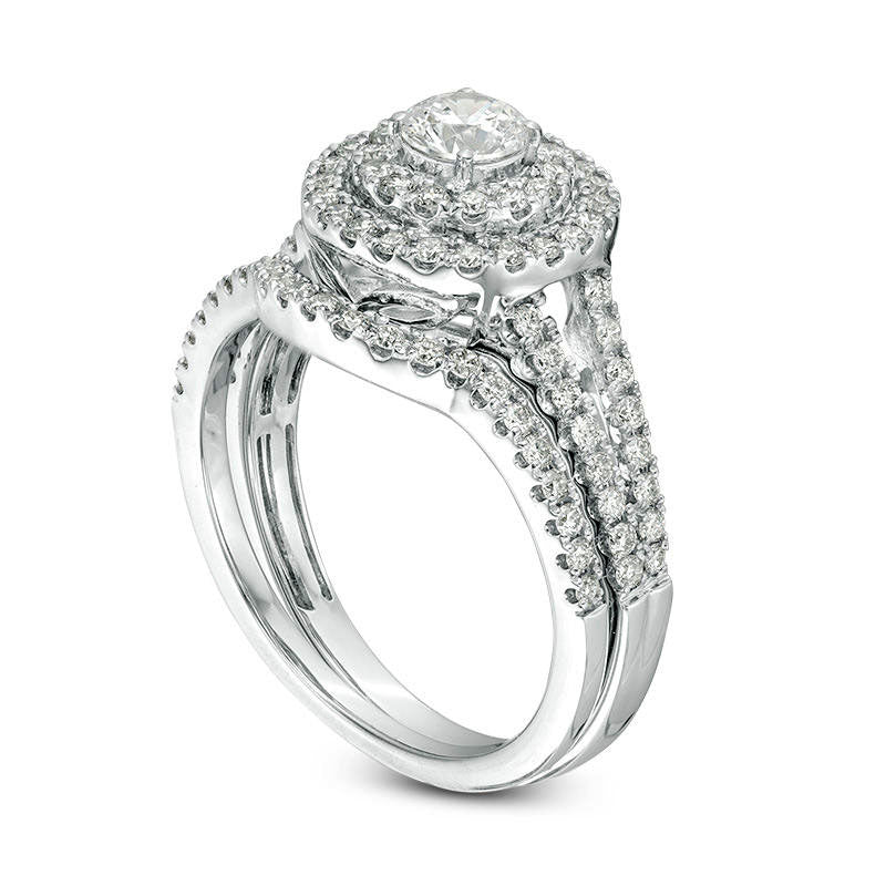 1.0 CT. T.W. Certified Natural Diamond Double Frame Split Shank Bridal Engagement Ring Set in Solid 14K White Gold (I/I1)