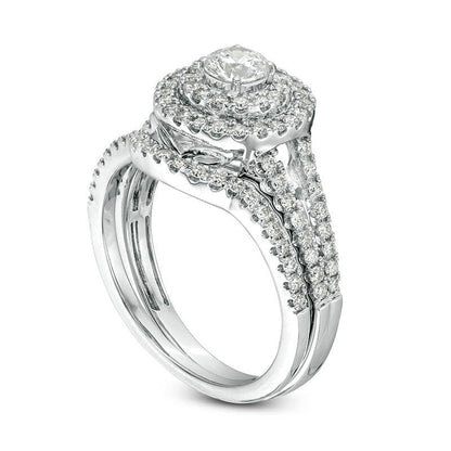 1.0 CT. T.W. Certified Natural Diamond Double Frame Split Shank Bridal Engagement Ring Set in Solid 14K White Gold (I/I1)