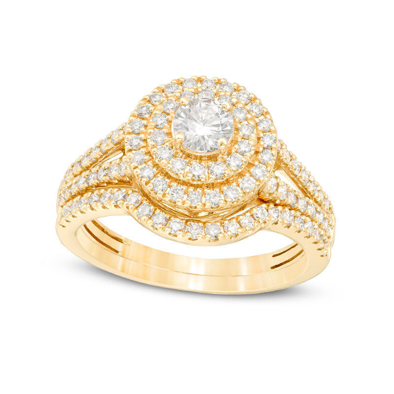 1.0 CT. T.W. Certified Natural Diamond Double Frame Split Shank Bridal Engagement Ring Set in Solid 14K Gold (I/I1)