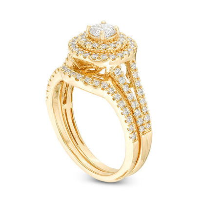 1.0 CT. T.W. Certified Natural Diamond Double Frame Split Shank Bridal Engagement Ring Set in Solid 14K Gold (I/I1)
