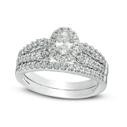 1.0 CT. T.W. Certified Oval Natural Diamond Frame Split Shank Bridal Engagement Ring Set in Solid 14K White Gold (I/I1)