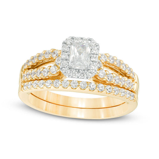 1.0 CT. T.W. Certified Emerald-Cut Natural Diamond Frame Split Shank Bridal Engagement Ring Set in Solid 14K Gold (I/I1)