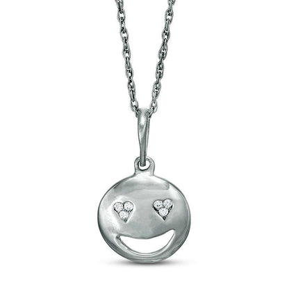 Natural Diamond Accent Smiley Face with Heart-Eyes Pendant in Sterling Silver