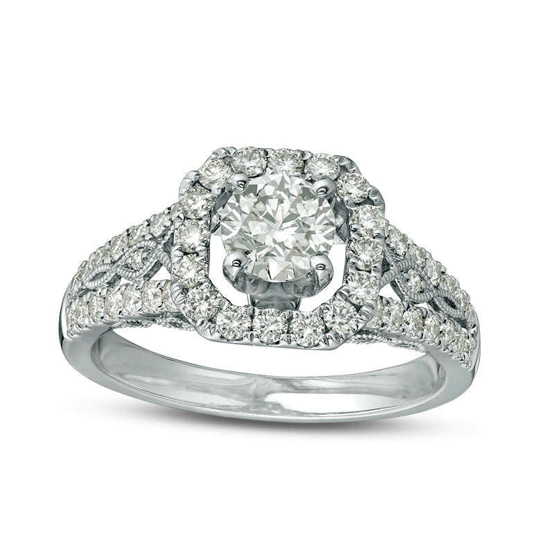 1.25 CT. T.W. Natural Diamond Cushion Frame Twist Antique Vintage-Style Engagement Ring in Solid 14K White Gold