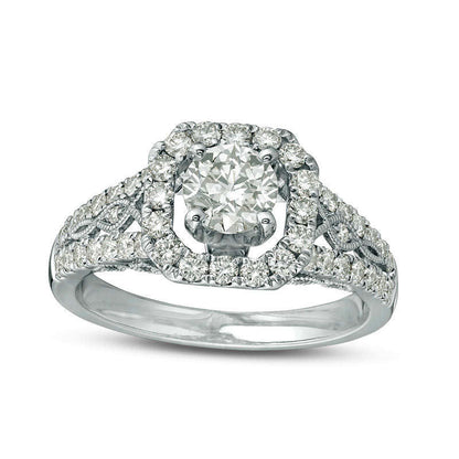 1.25 CT. T.W. Natural Diamond Cushion Frame Twist Antique Vintage-Style Engagement Ring in Solid 14K White Gold