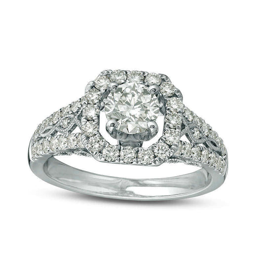 1.25 CT. T.W. Natural Diamond Cushion Frame Twist Antique Vintage-Style Engagement Ring in Solid 14K White Gold