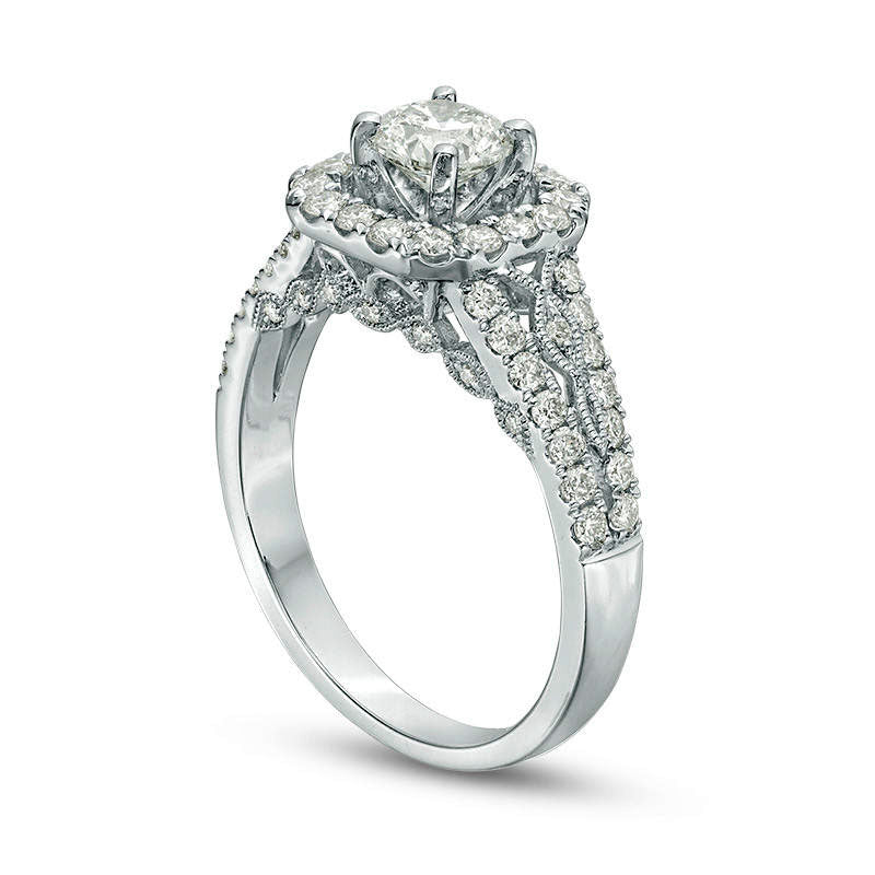 1.25 CT. T.W. Natural Diamond Cushion Frame Twist Antique Vintage-Style Engagement Ring in Solid 14K White Gold