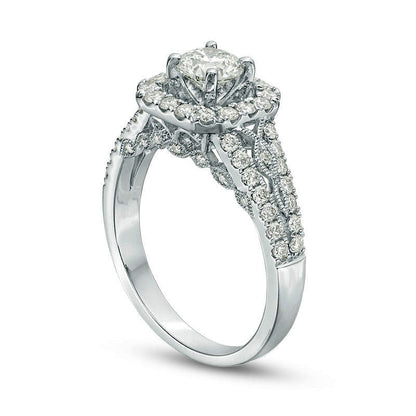 1.25 CT. T.W. Natural Diamond Cushion Frame Twist Antique Vintage-Style Engagement Ring in Solid 14K White Gold