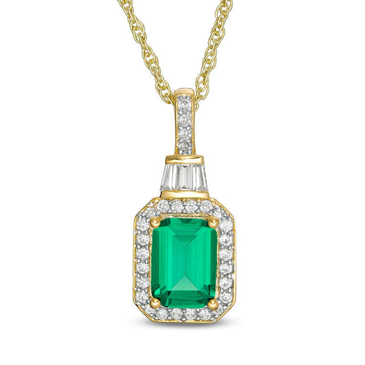 Emerald-Cut Lab-Created Emerald and 0.2 CT. T.W. Diamond Frame Pendant in 10K Yellow Gold