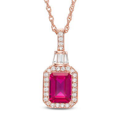 Emerald-Cut Lab-Created Ruby and 0.2 CT. T.W. Diamond Frame Pendant in 10K Rose Gold