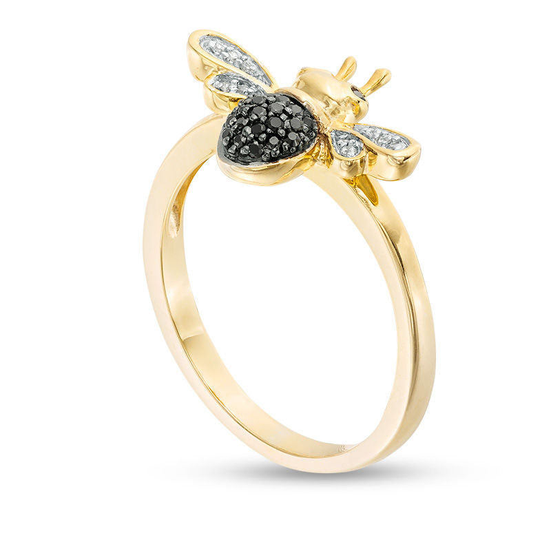 0.10 CT. T.W. Enhanced Black and White Natural Diamond Bumble Bee Ring in Sterling Silver and Solid 14K Gold Plate