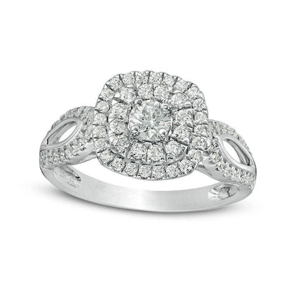 0.88 CT. T.W. Natural Diamond Double Cushion Frame Loop-Sides Engagement Ring in Solid 10K White Gold
