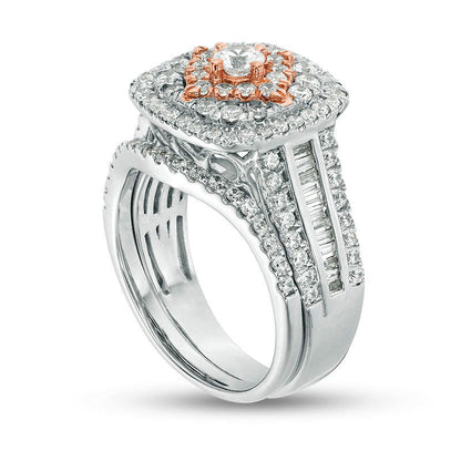 1.5 CT. T.W. Natural Diamond Cushion Frame Multi-Row Bridal Engagement Ring Set in Solid 10K Two-Tone Gold