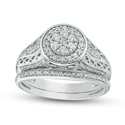 0.50 CT. T.W. Composite Natural Diamond Double Frame Filigree Bridal Engagement Ring Set in Sterling Silver