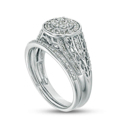 0.50 CT. T.W. Composite Natural Diamond Double Frame Filigree Bridal Engagement Ring Set in Sterling Silver