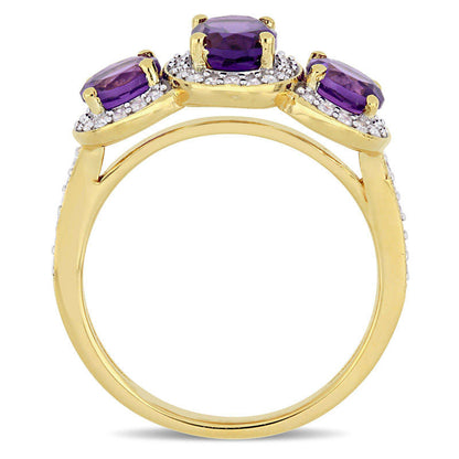 Oval Amethyst and 0.25 CT. T.W. Natural Diamond Three Stone Frame Antique Vintage-Style Ring in Sterling Silver with Yellow Rhodium