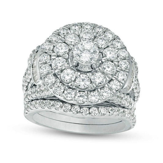 4 CT. T.W. Natural Diamond Double Frame Collar Three Piece Bridal Engagement Ring Set in Solid 14K White Gold