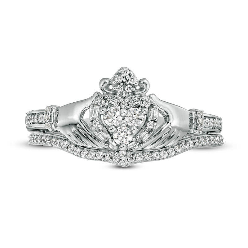 0.33 CT. T.W. Natural Diamond Frame Claddagh Bridal Engagement Ring Set in Solid 10K White Gold