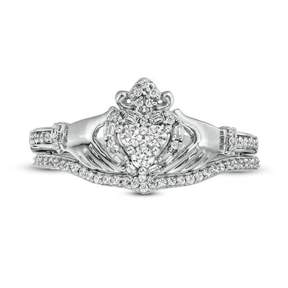 0.33 CT. T.W. Natural Diamond Frame Claddagh Bridal Engagement Ring Set in Solid 10K White Gold