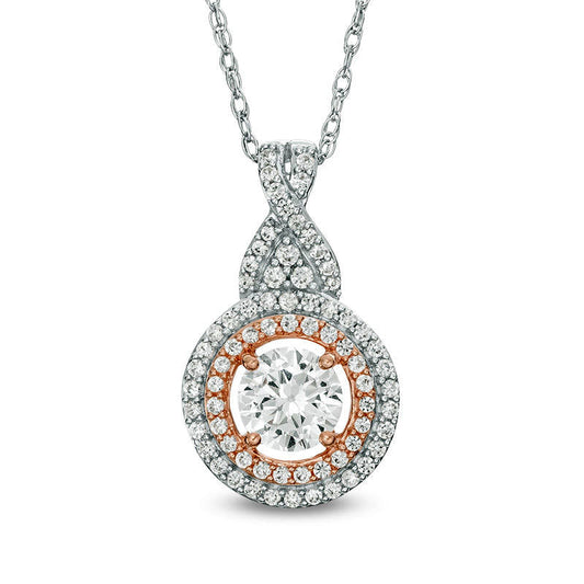 6.0mm Lab-Created White Sapphire Double Frame Twist Pendant in Sterling Silver with 14K Rose Gold Plate