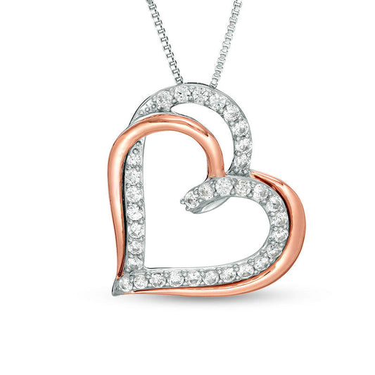Lab-Created White Sapphire Looping Double Heart Pendant in Sterling Silver and 10K Rose Gold