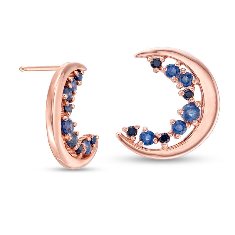 Blue Sapphire Crescent Moon Stud Earrings in 10K Rose Gold