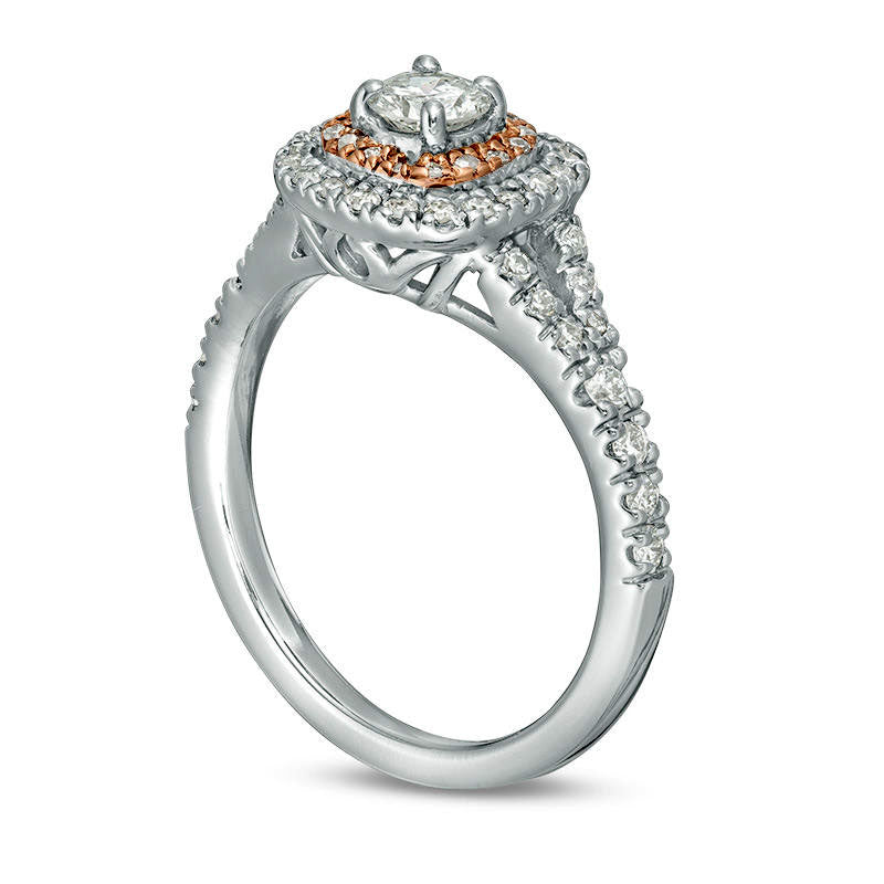 0.63 CT. T.W. Natural Diamond Double Cushion Frame Engagement Ring in Solid 14K Two-Tone Gold