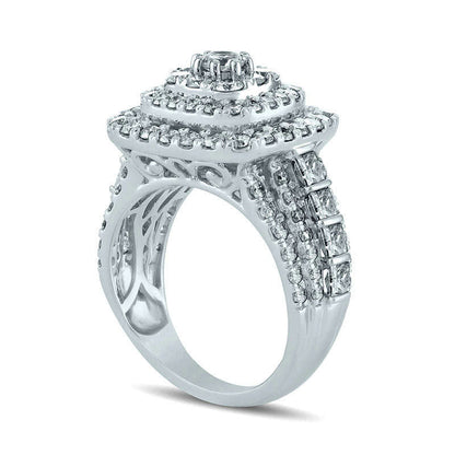 3.0 CT. T.W. Natural Diamond Triple Cushion Frame Multi-Row Engagement Ring in Solid 10K White Gold
