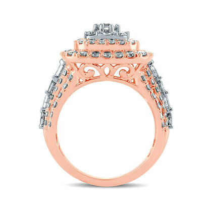 3.0 CT. T.W. Natural Diamond Triple Cushion Frame Multi-Row Engagement Ring in Solid 10K Rose Gold