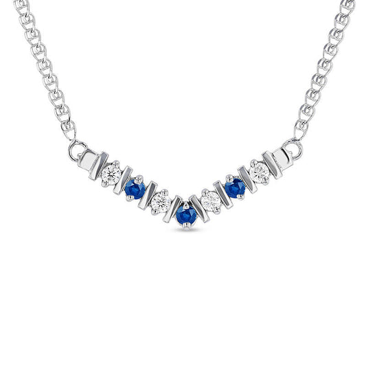 Blue Sapphire and 0.13 CT. T.W. Natural Diamond V" Necklace in 14K White Gold - 17""