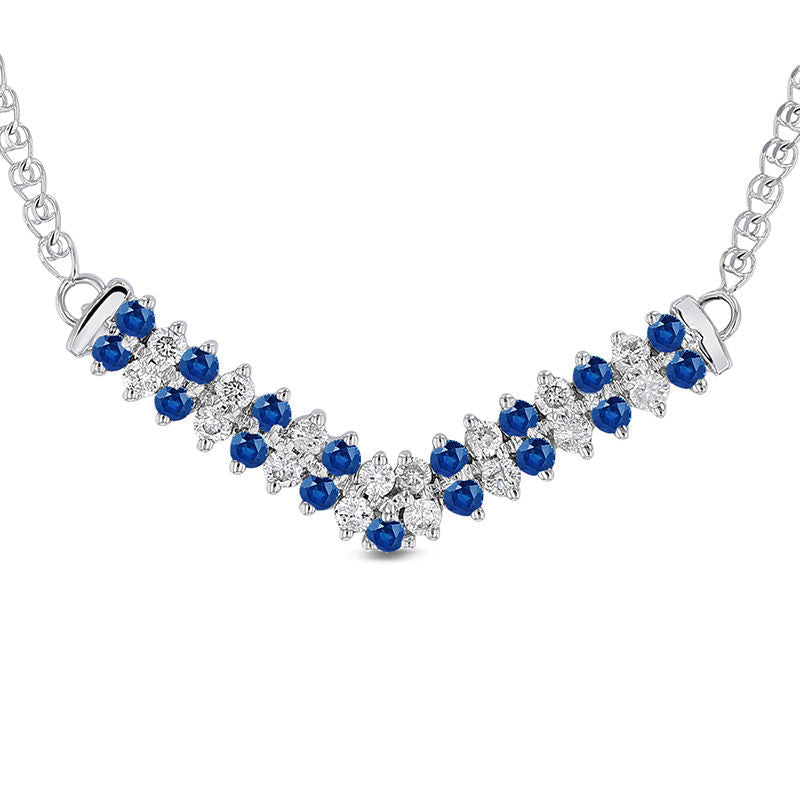 Alternating Blue Sapphire and 0.33 CT. T.W. Natural Diamond Double Row Chevron Necklace in 14K White Gold - 17.25