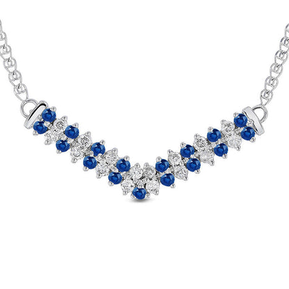 Alternating Blue Sapphire and 0.33 CT. T.W. Natural Diamond Double Row Chevron Necklace in 14K White Gold - 17.25