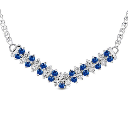Alternating Blue Sapphire and 0.33 CT. T.W. Natural Diamond Double Row Chevron Necklace in 14K White Gold - 17.25